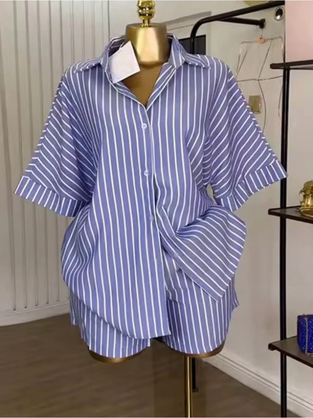 Blue & White Striped Button-Up Shirt Set